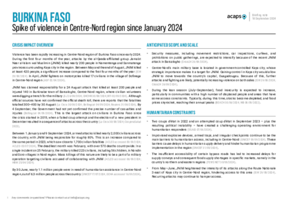Burkina Faso: spike of violence in Centre-Nord region since January 2024 Burkina Faso: spike of violence in Centre-Nord region since January 2024