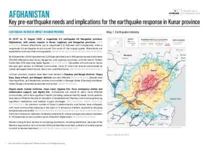 Afghanistan: key pre-earthquake needs and implications for the earthquake response in Kunar province Afghanistan: key pre-earthquake needs and implications for the earthquake response in Kunar province