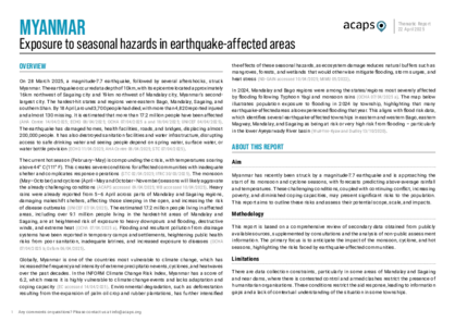 Myanmar: Exposure to seasonal hazards in earthquake-affected areas Myanmar: Exposure to seasonal hazards in earthquake-affected areas