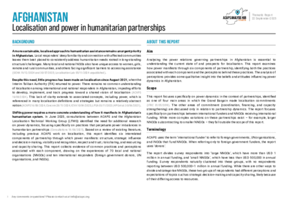 Afghanistan: localisation and power in humanitarian partnerships Afghanistan: localisation and power in humanitarian partnerships