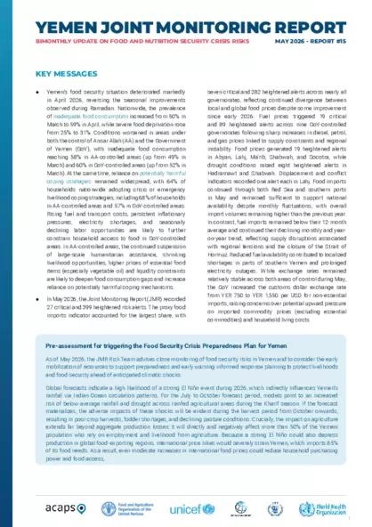 Yemen: Bimonthly update on food and nutrition security crisis risks - issue 15 Yemen: Bimonthly update on food and nutrition security crisis risks - issue 15